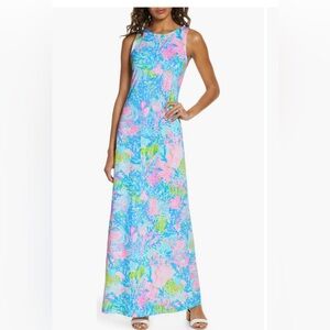 Lilly Pulitzer Marcella Maxi Dress L Fished My Wish Pima Cotton Coastal Euro